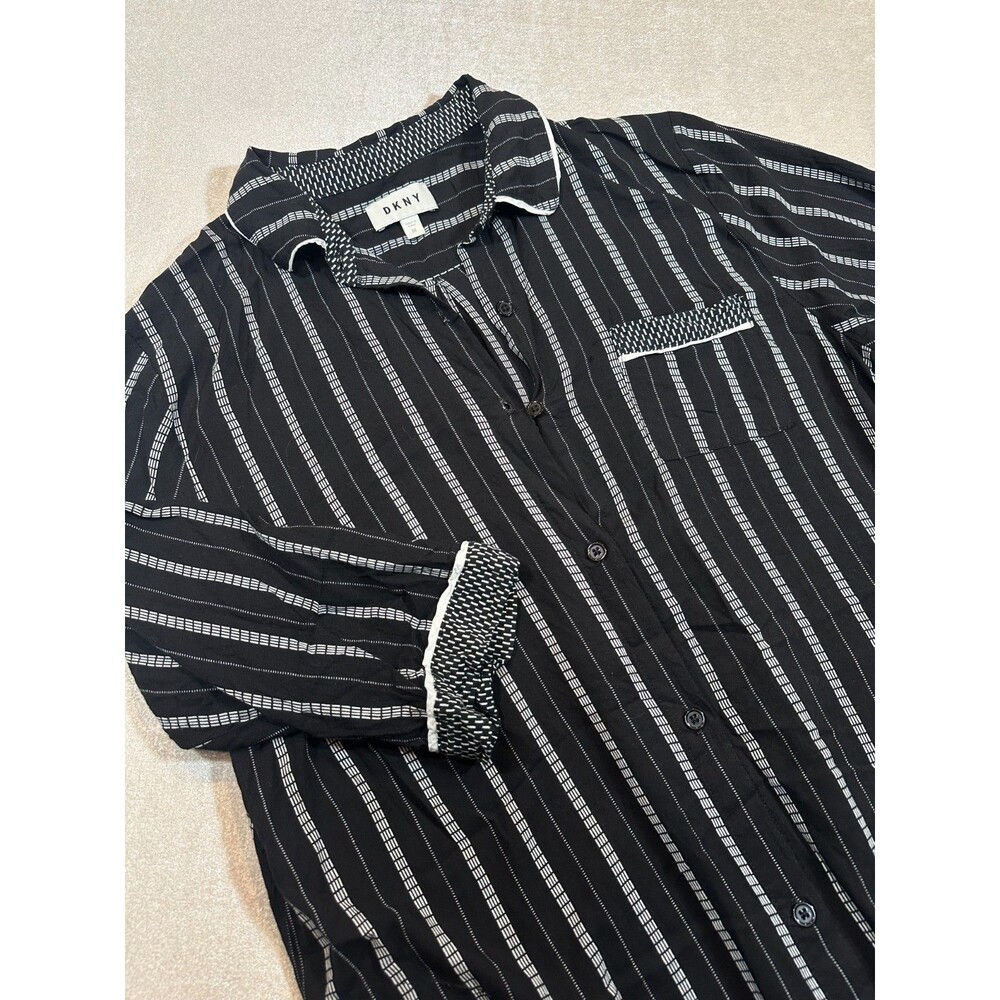 DKNY Black White Striped Button Front Tunic Blouse Medium Roll Tab Sleeve